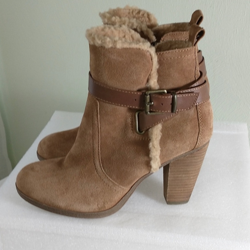 Bjorndal Cassidy Camel Tan Suede Leather Faux Fur Fleece Lined Ankle Boots 7.5
